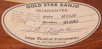 1981 Gold Star JDCrowe banjo from the third 1981 batch with the 2 labels.